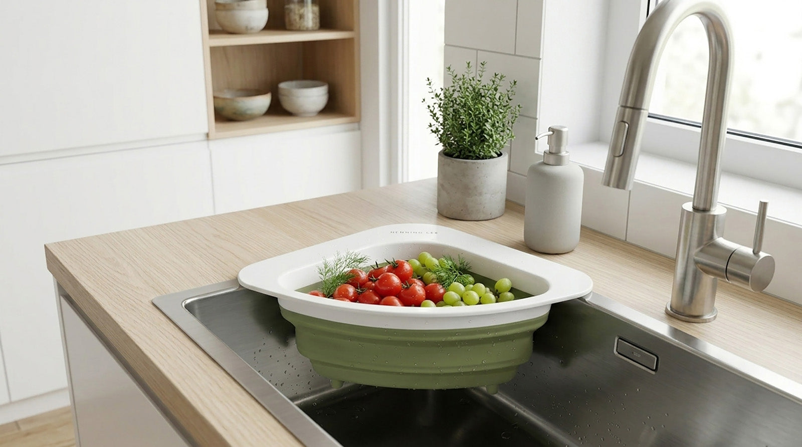 Henning Lee Corner Sink Colander, Triangular Sink Strainer for Fruits, Vegetables & Pasta