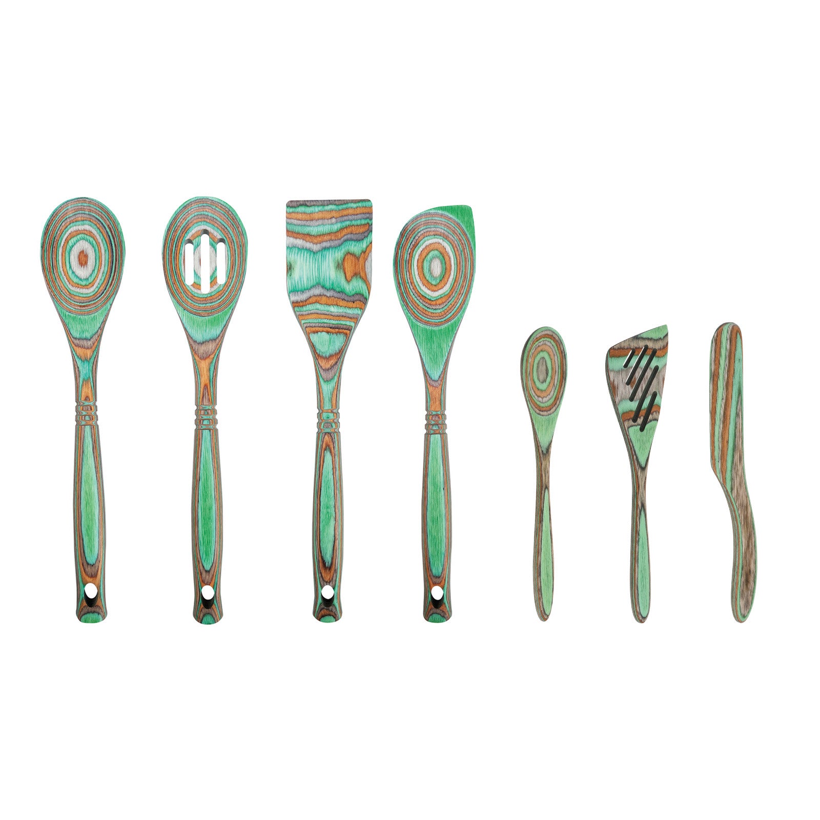 Island Bamboo Pakkawood 7 Piece Cooking and Serving Utensil Set, Spatula, Spoon, Spurtle, Mint