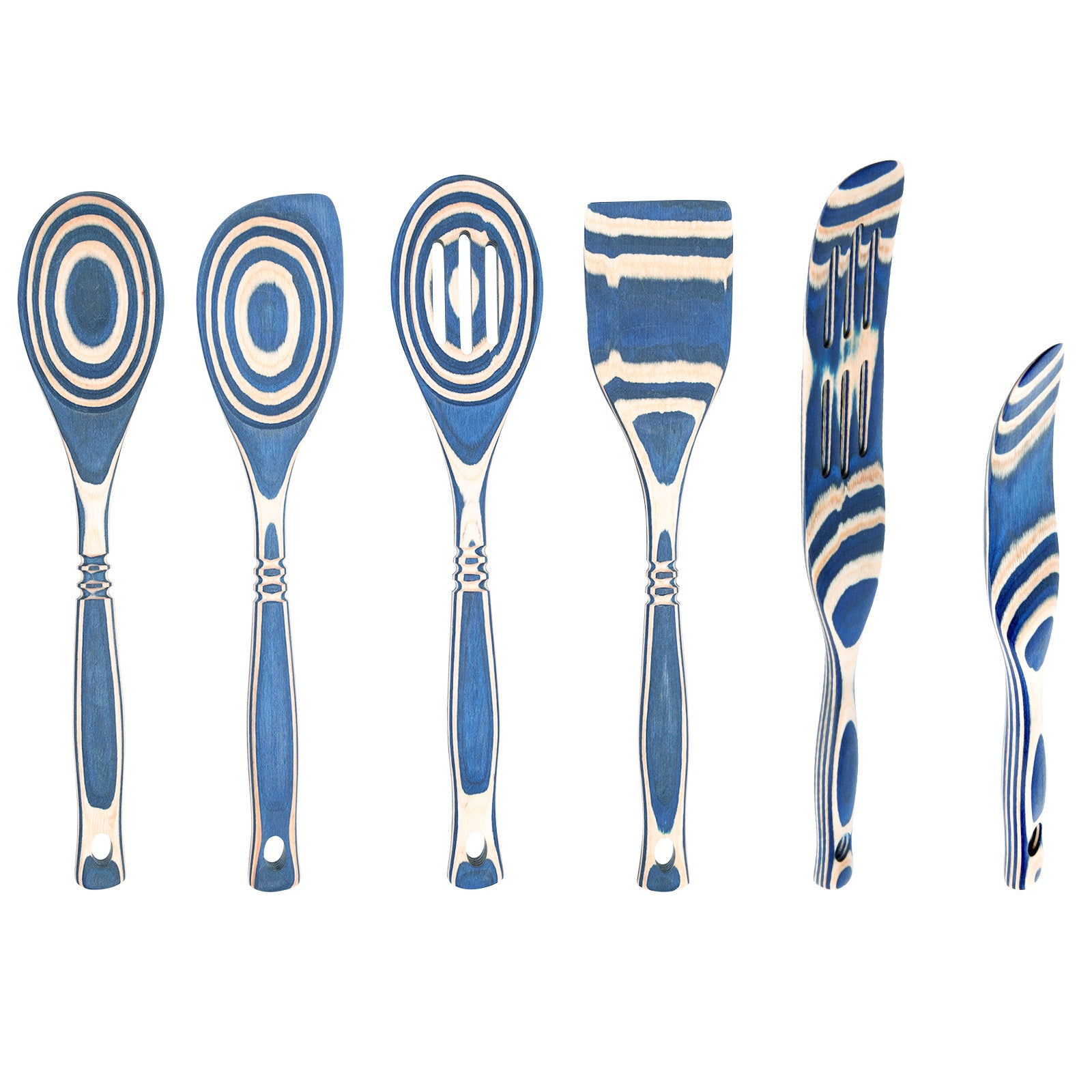 Island Bamboo Blueberry Pakkawood 8 Piece Cooking and Serving Utensil Set, Spatula, Spoon, Spurtle, Tongs, Ice Cream Scoop