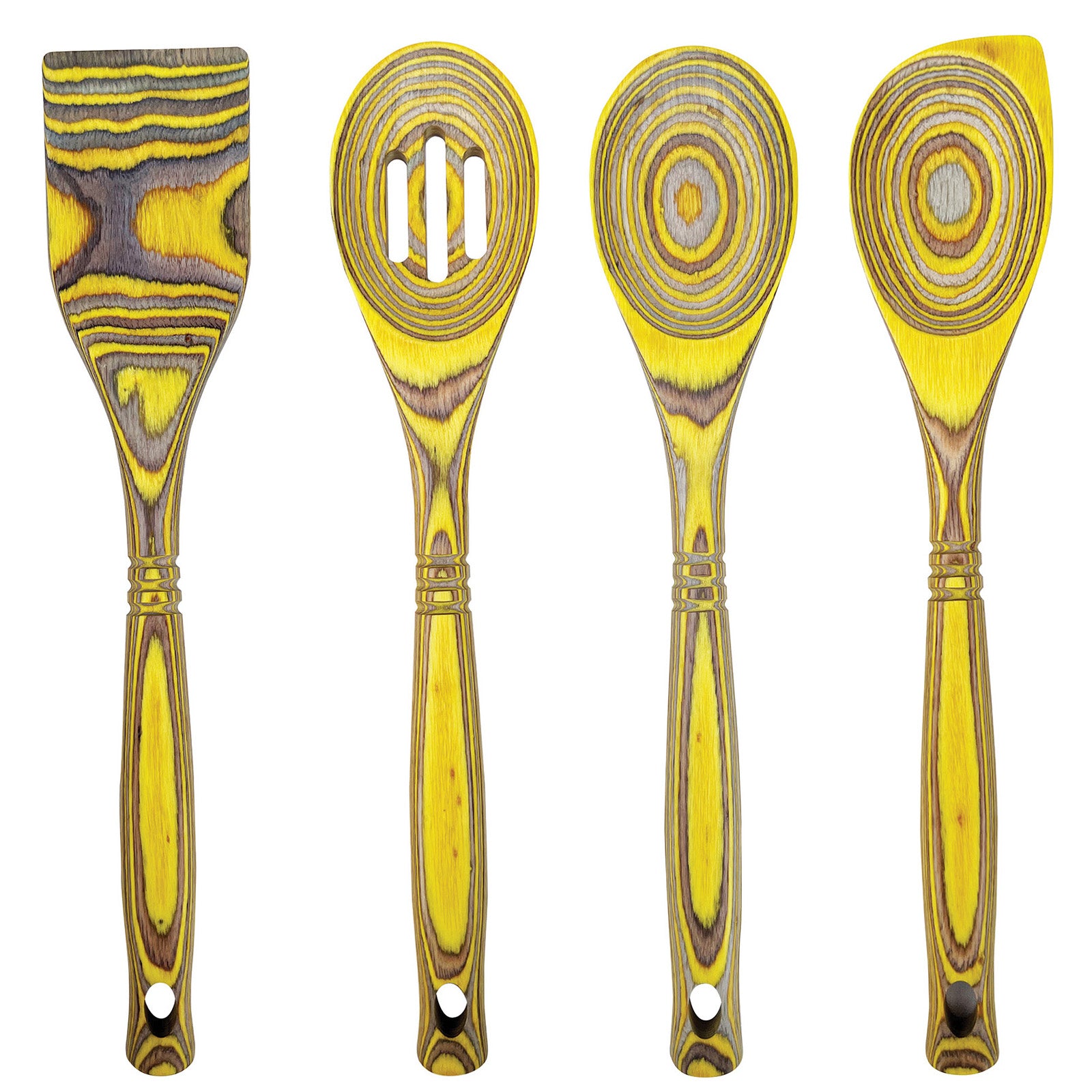 Island Bamboo Pakkawood 4 Piece Cooking and Serving Utensil Set, Corner Spoon, Slotted Spoon, Spoon, Spatula, Lemon