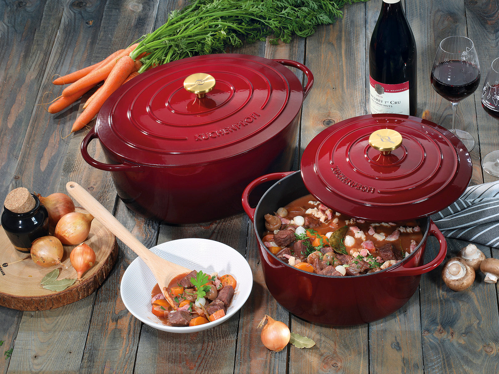Kuchenprofi Provence Enameled Cast Iron Oval Dutch Oven, 13" L, 7.4 qt, Burgundy