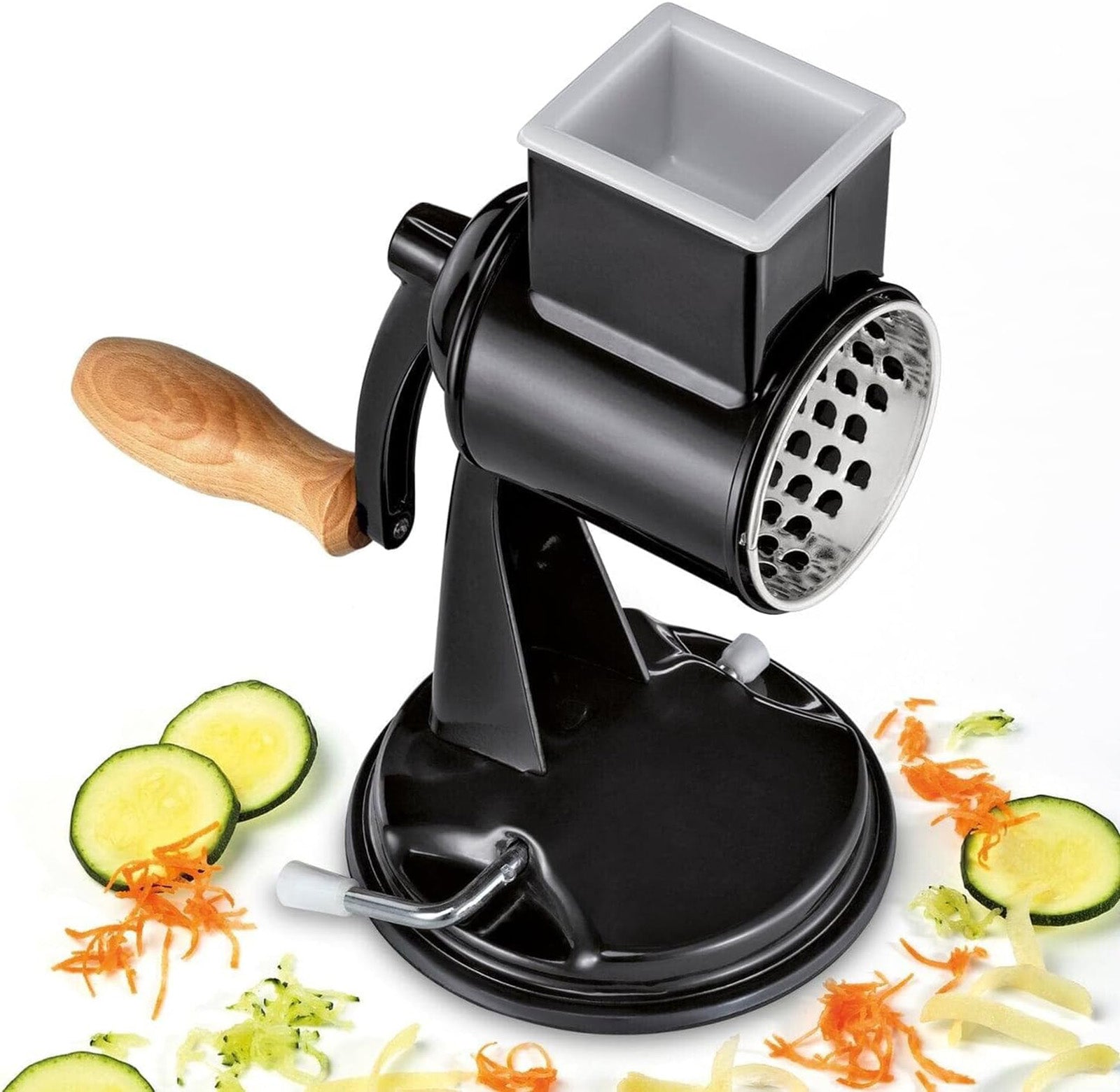Zassenhaus Classic Drum Grater with Suction Base, 2 Grating Drums, Pestle, and Vegetable Cutter, Black