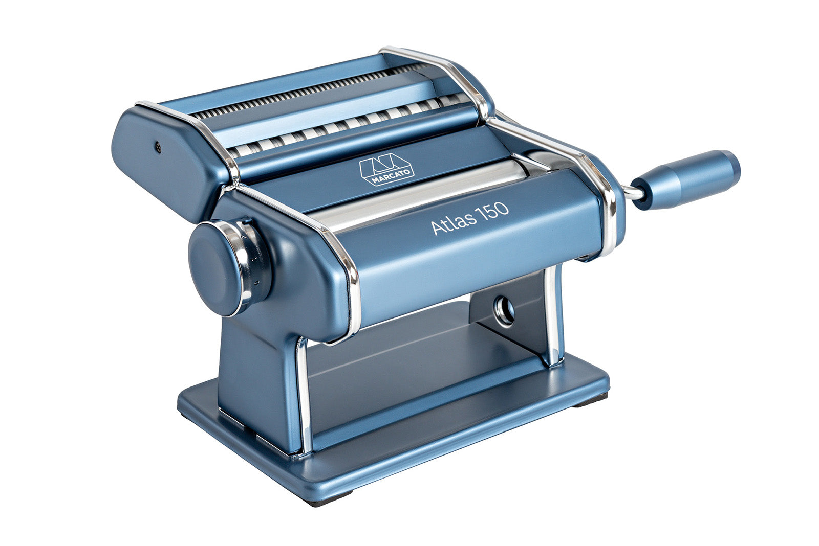 Marcato Atlas 150 Pasta Machine with Cutter, Hand Crank, and Instructions, Made in Italy, Powder Blue