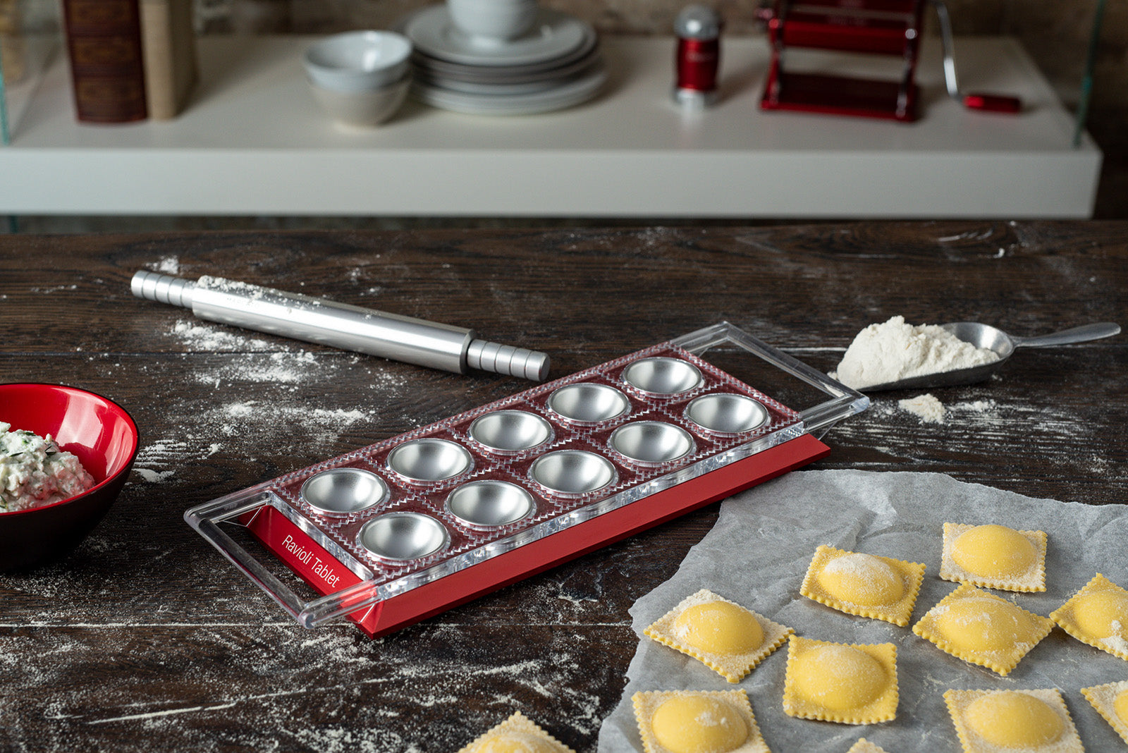Marcato Atlas Tablet Pasta Maker, Made in Italy, Makes 10 Raviolis, Red