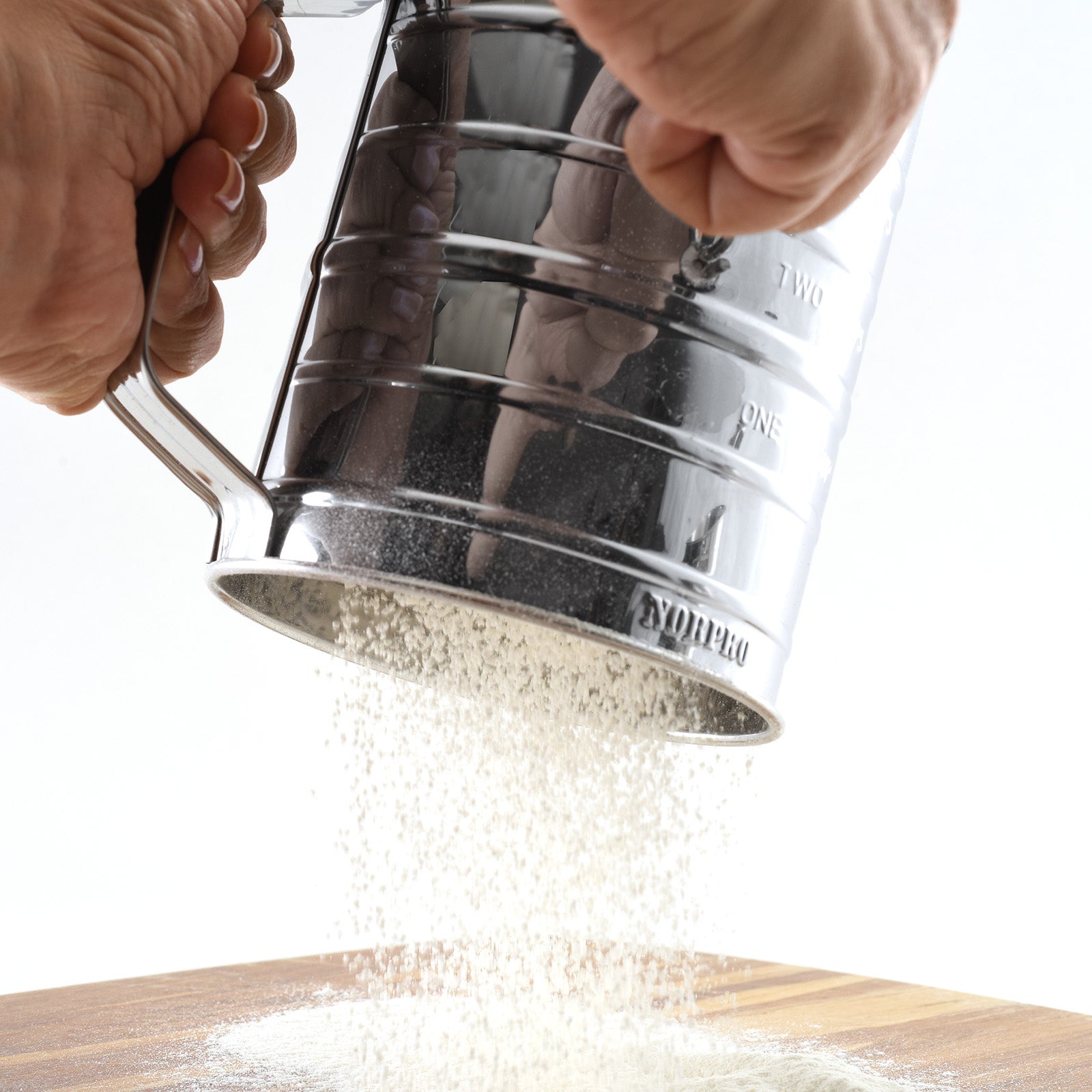 Norpro 3-Cup Stainless Steel Rotary Flour Sifter, Hand Crank with 2 Wire Agitator