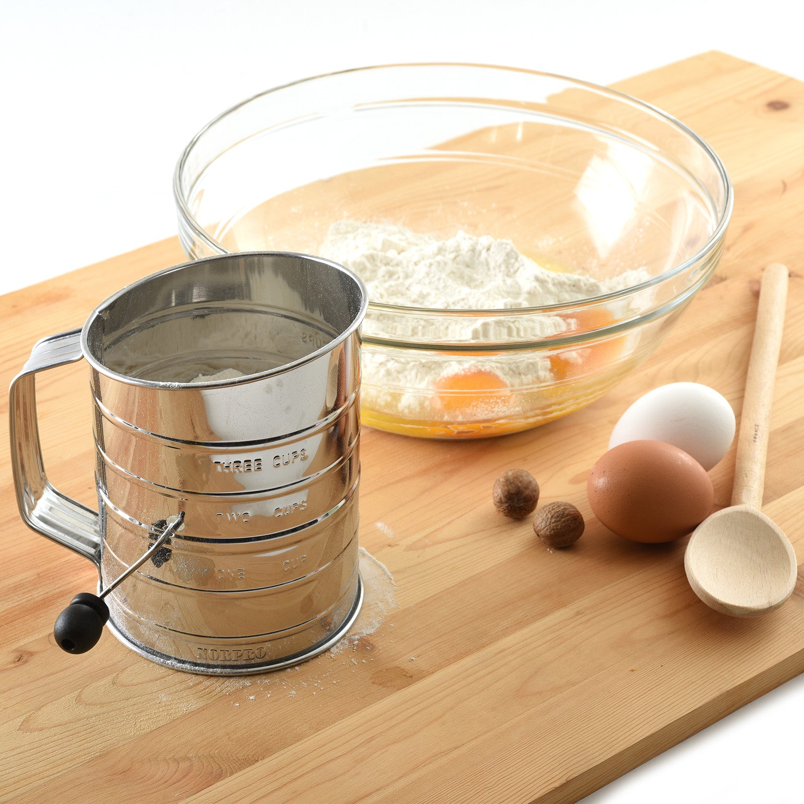 Norpro 3-Cup Stainless Steel Rotary Flour Sifter, Hand Crank with 2 Wire Agitator