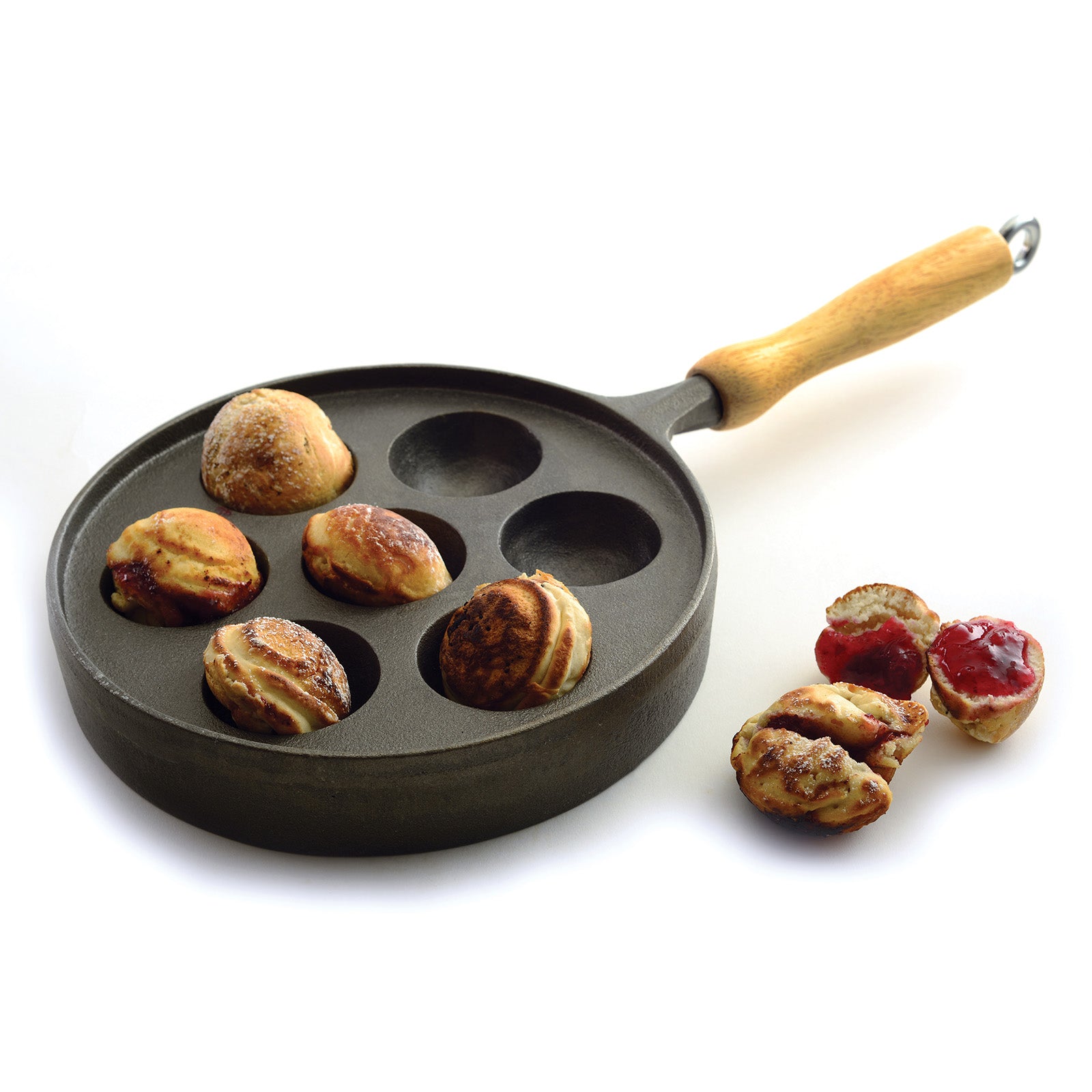 Norpro Deluxe Cast Iron Aebleskiver Stuffed Pancake Pan with Wood Handle