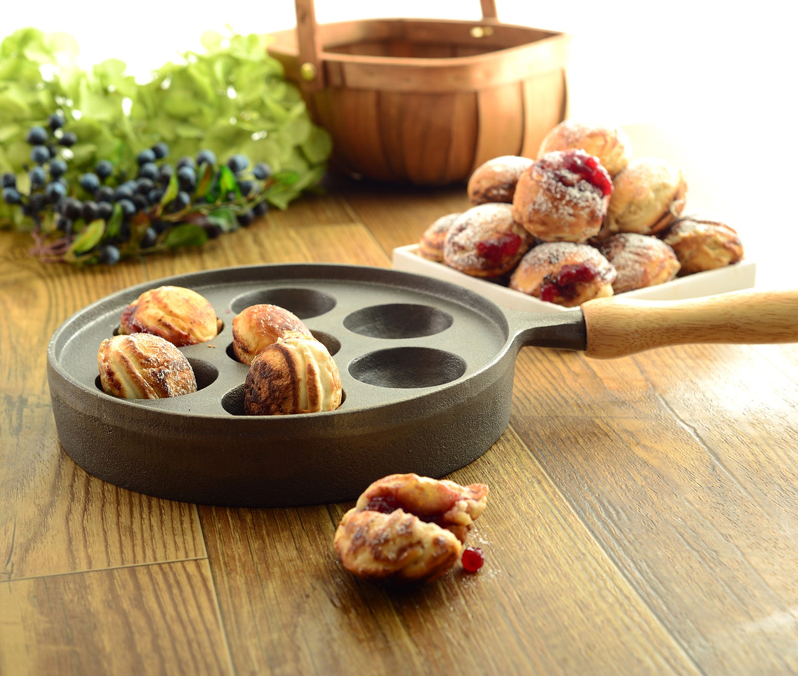 Norpro Deluxe Cast Iron Aebleskiver Stuffed Pancake Pan with Wood Handle