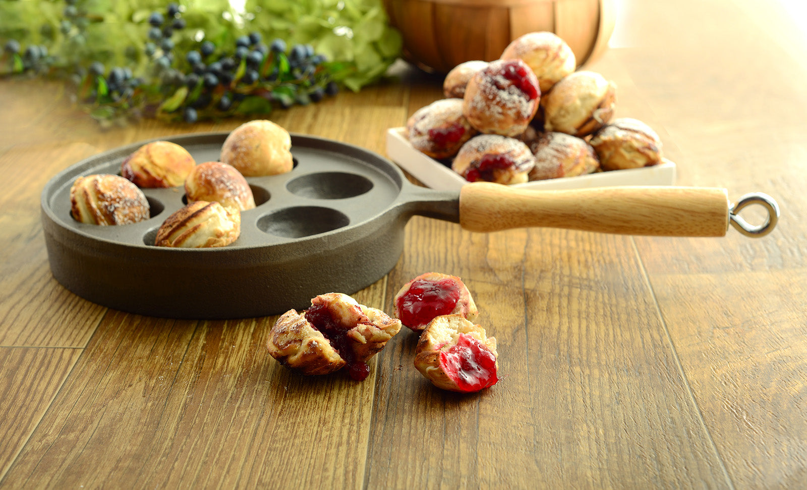 Norpro Deluxe Cast Iron Aebleskiver Stuffed Pancake Pan with Wood Handle