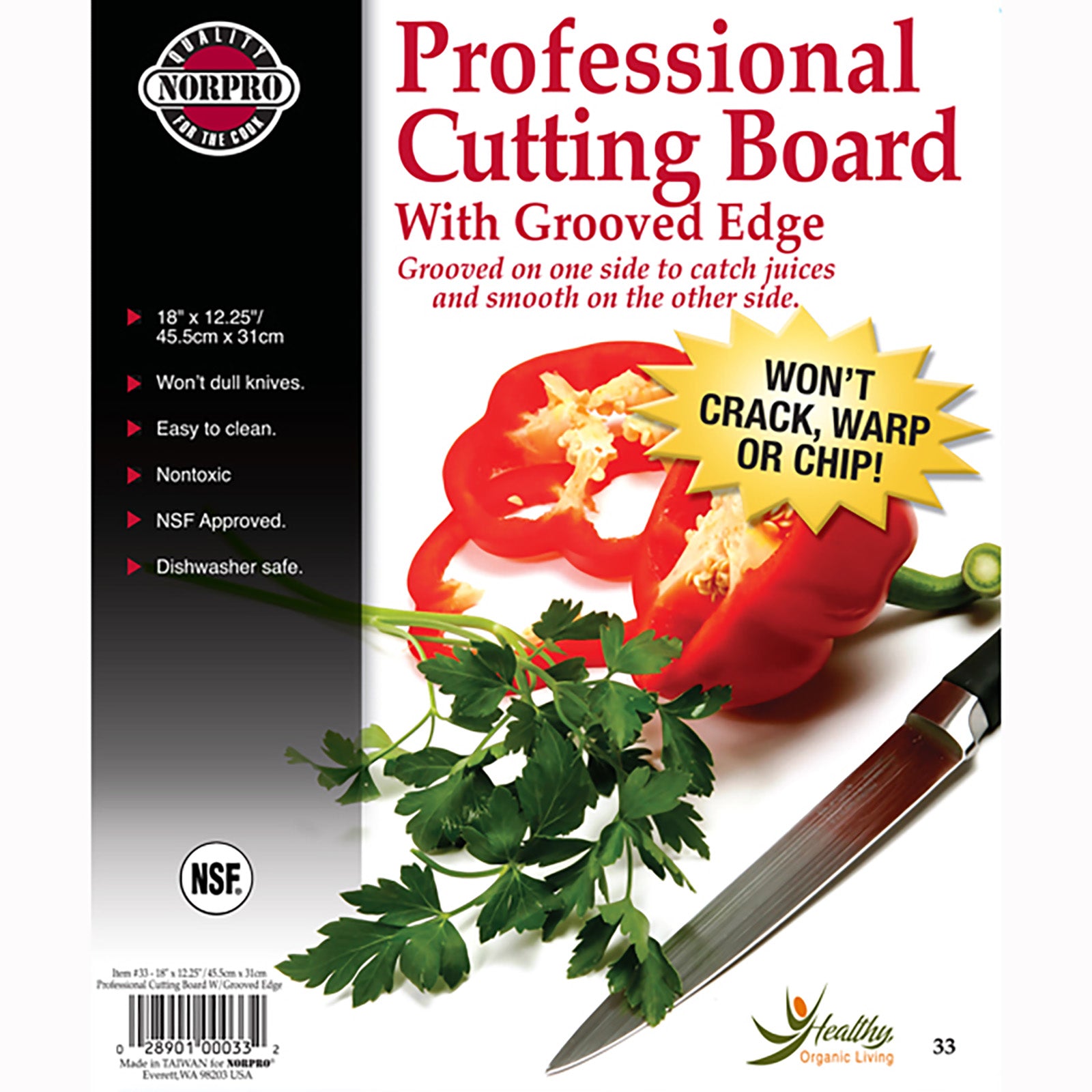 Norpro Professional 12-Inch x 18-Inch Cutting Board with Juice Groove, White