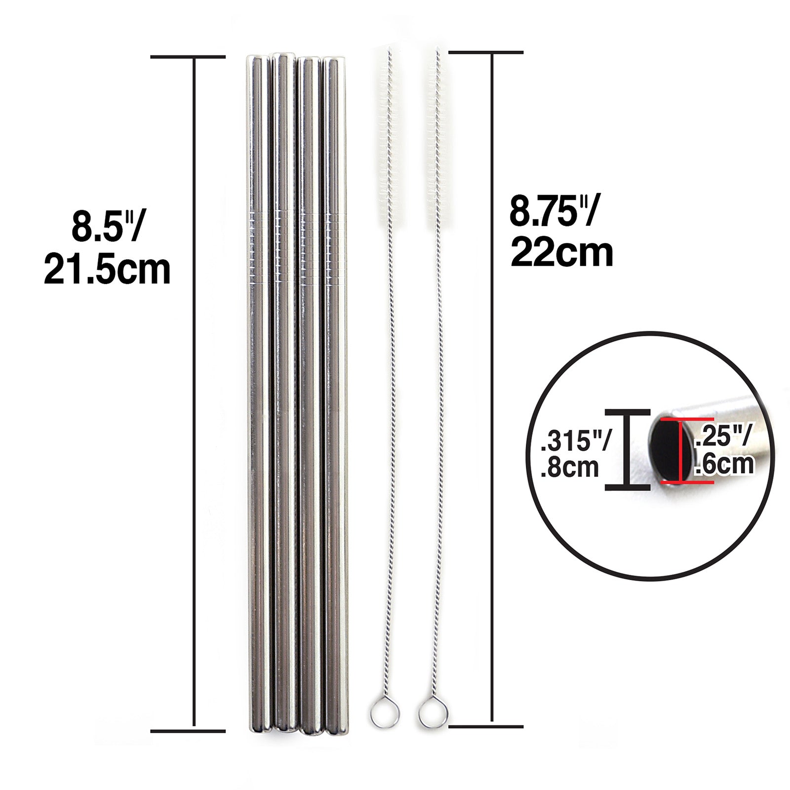 Norpro 8.5-Inch Stainless Steel Straight Drinking Straws with Cleaning Brushes, Set of 4