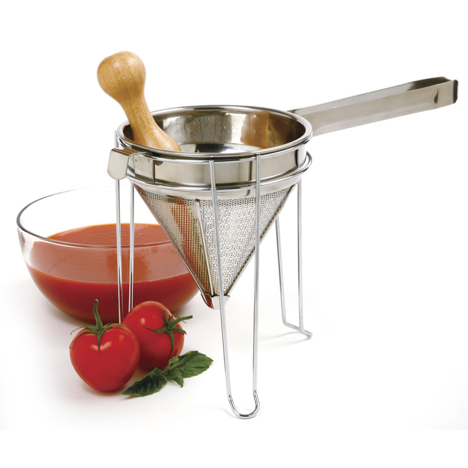 Norpro Stainless Steel Chinois with Chromed Steel Stand and Rubberwood Pestle, 3 Piece Set