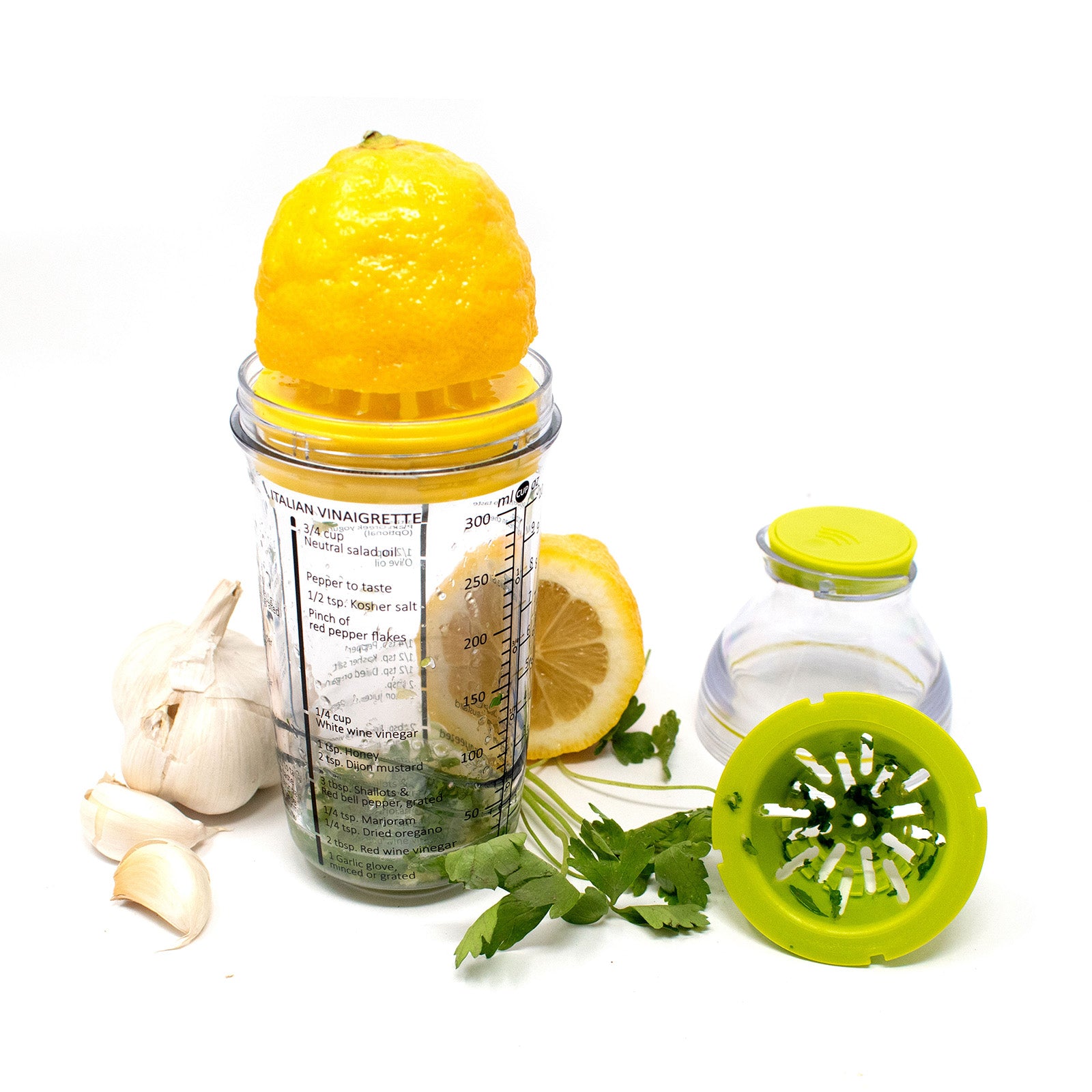 Norpro Salad Dressing Maker with Citrus Juicer and Herb Grinder with Recipe Markings