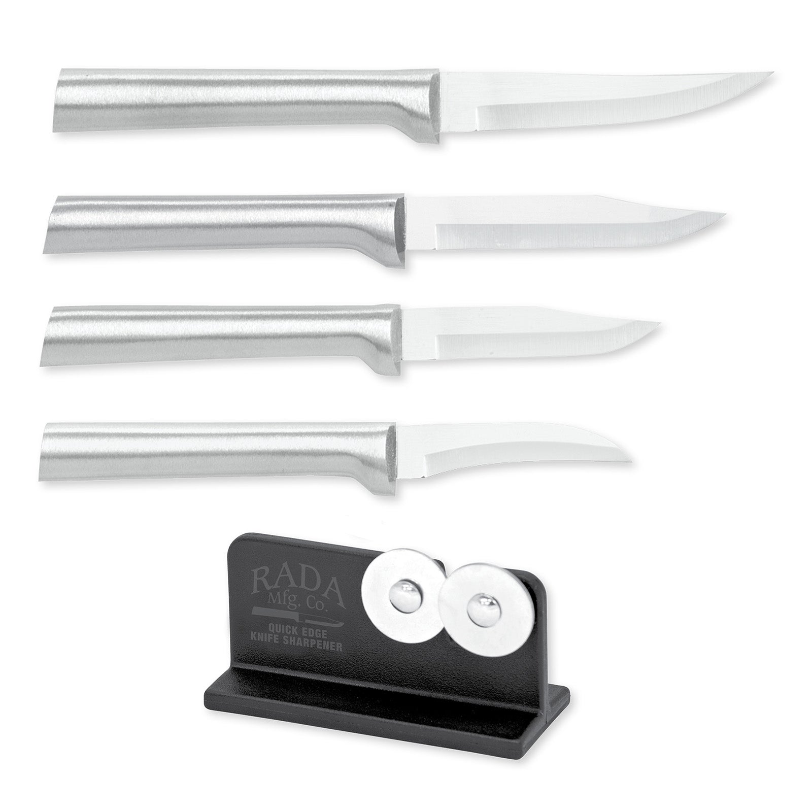 Rada Cutlery Paring & Peeling Knife Set, 4 Knives & Quick Edge Knife Sharpener, Silver