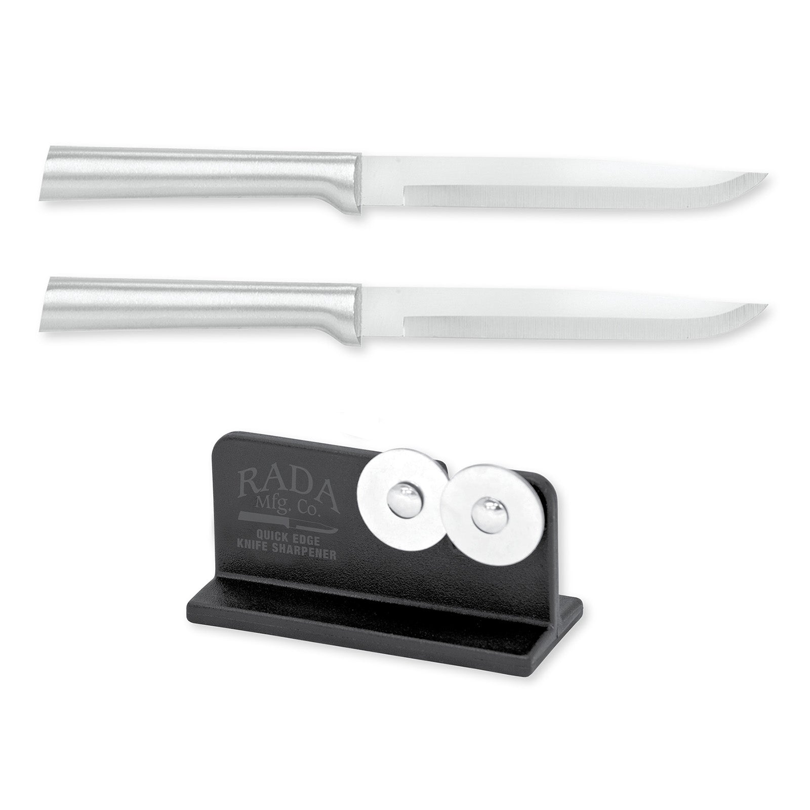 Rada Cutlery 4.875-Inch Utility/Steak Knife Set of 2, Silver Handles & Quick Edge Knife Sharpener