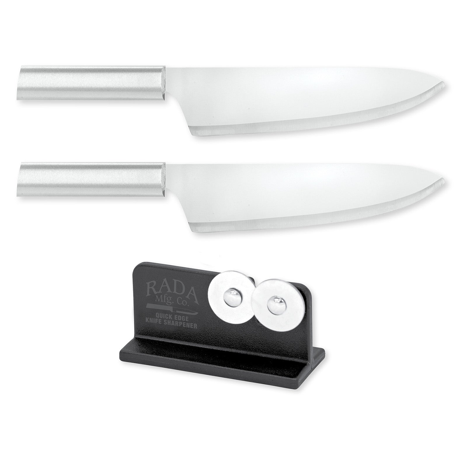 Rada Cutlery 8.5-Inch French Chef Knife Set of 2, Silver Handles & Quick Edge Knife Sharpener
