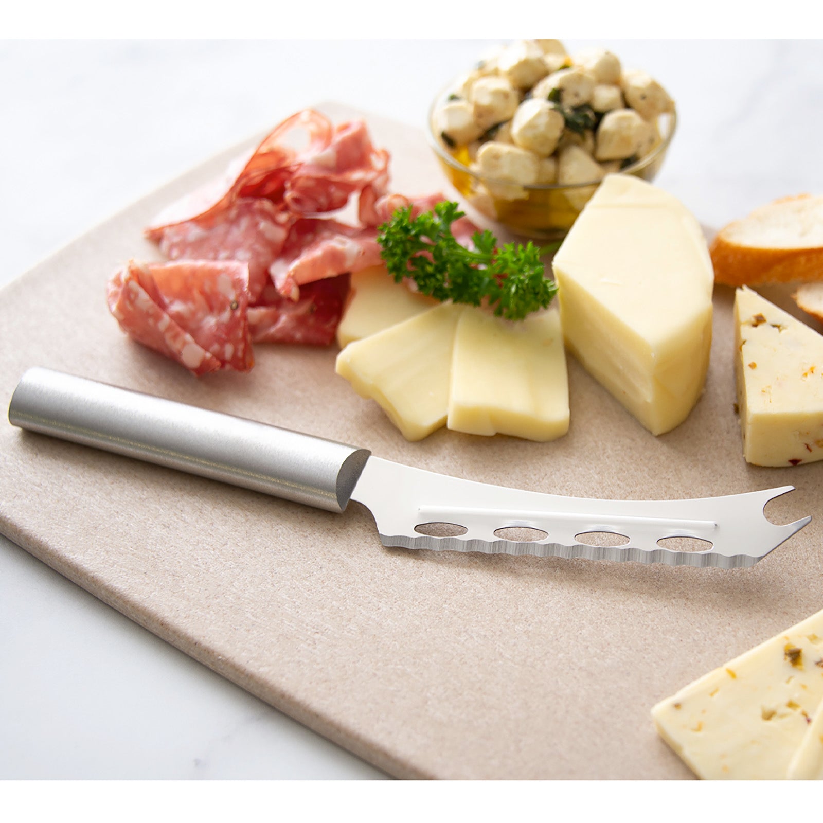 Rada Cutlery 5.25-Inch Cheese Knife & 5-Inch Tomato Slicer, Stainless Steel Serrated Blades, Silver Handles