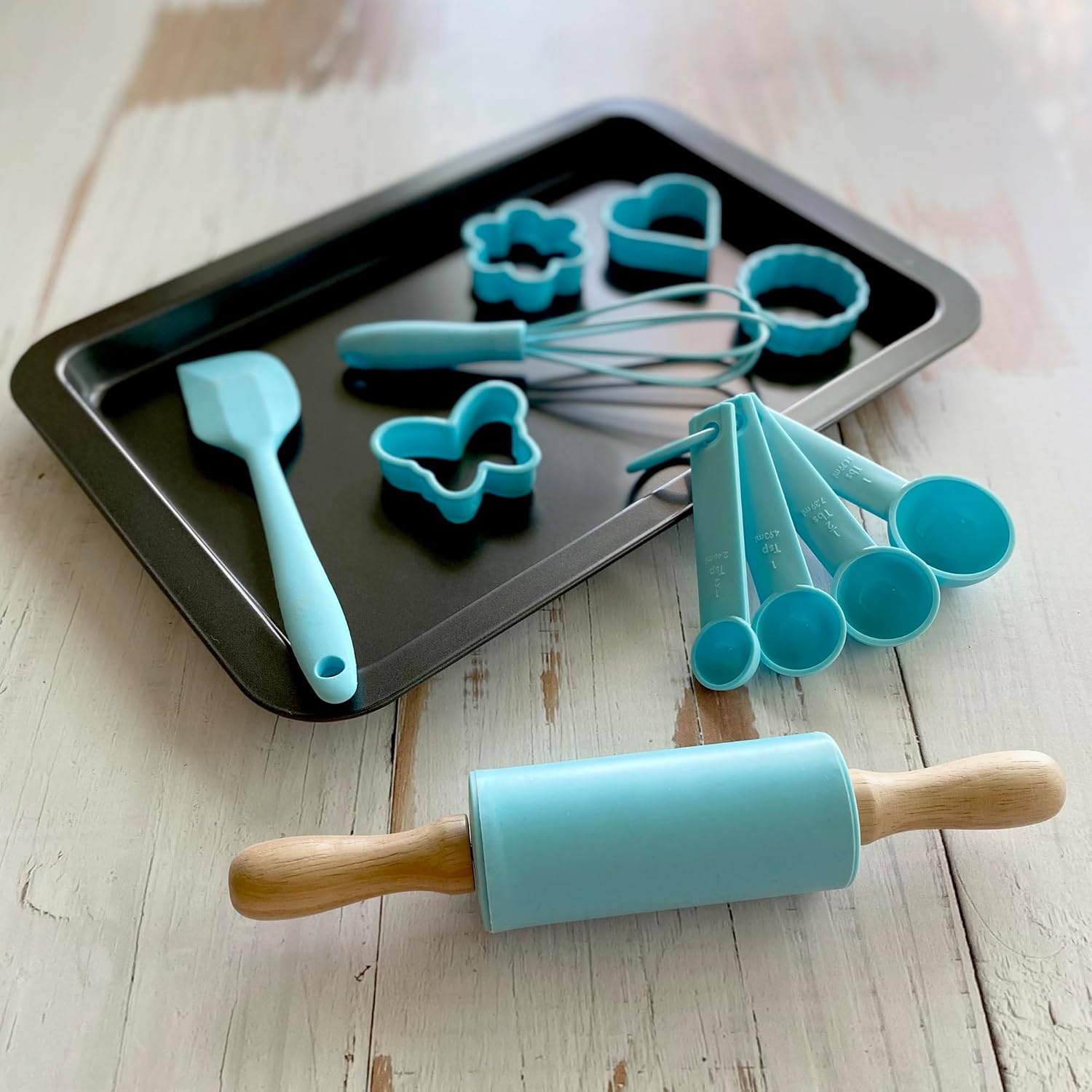 R&M International Junior 12 Piece Bakeware Set with Pan, Rolling Pin, Tools, and Cookie Cutters