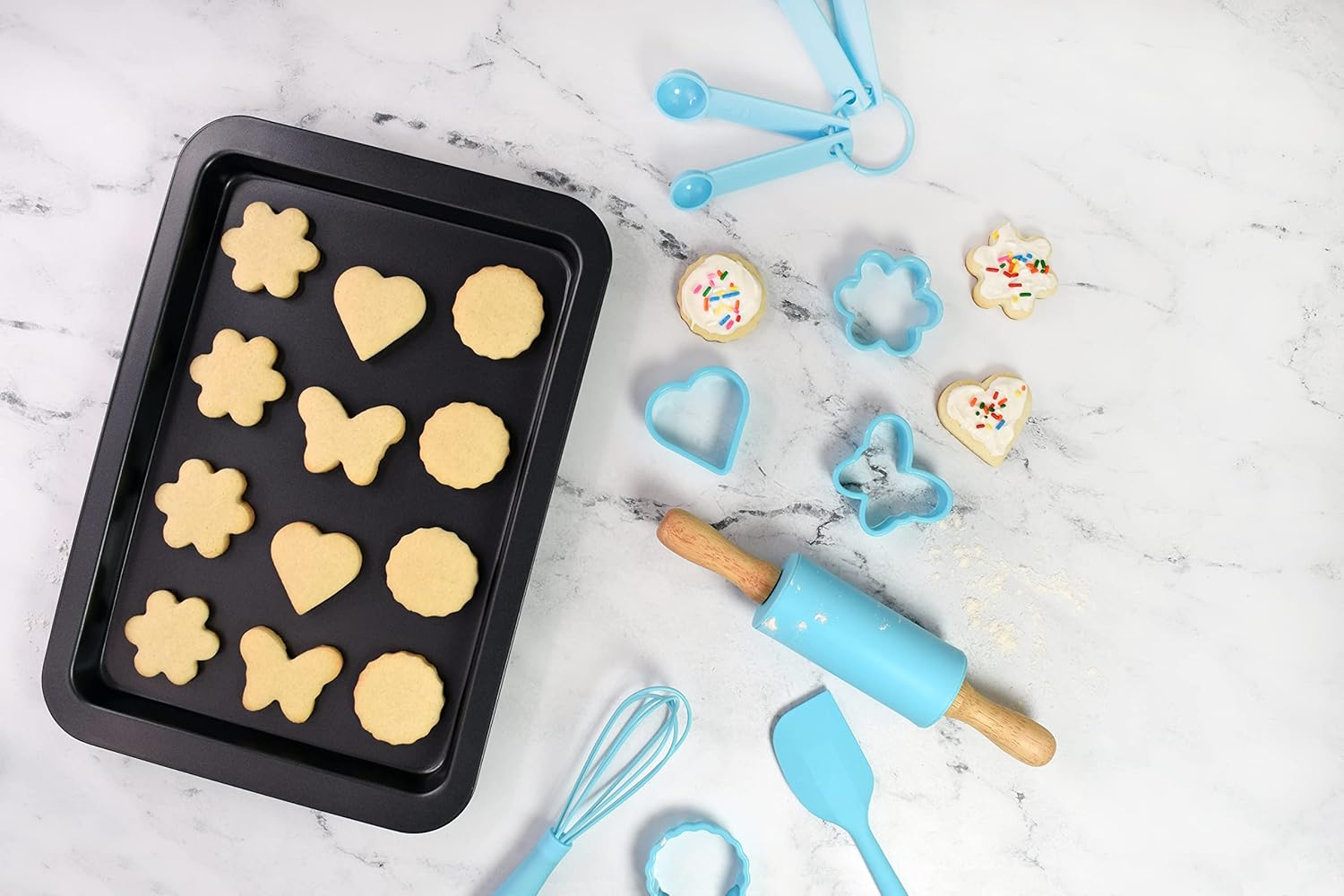 R&M International Junior 12 Piece Bakeware Set with Pan, Rolling Pin, Tools, and Cookie Cutters