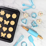 R&M International Junior 12 Piece Bakeware Set with Pan, Rolling Pin, Tools, and Cookie Cutters