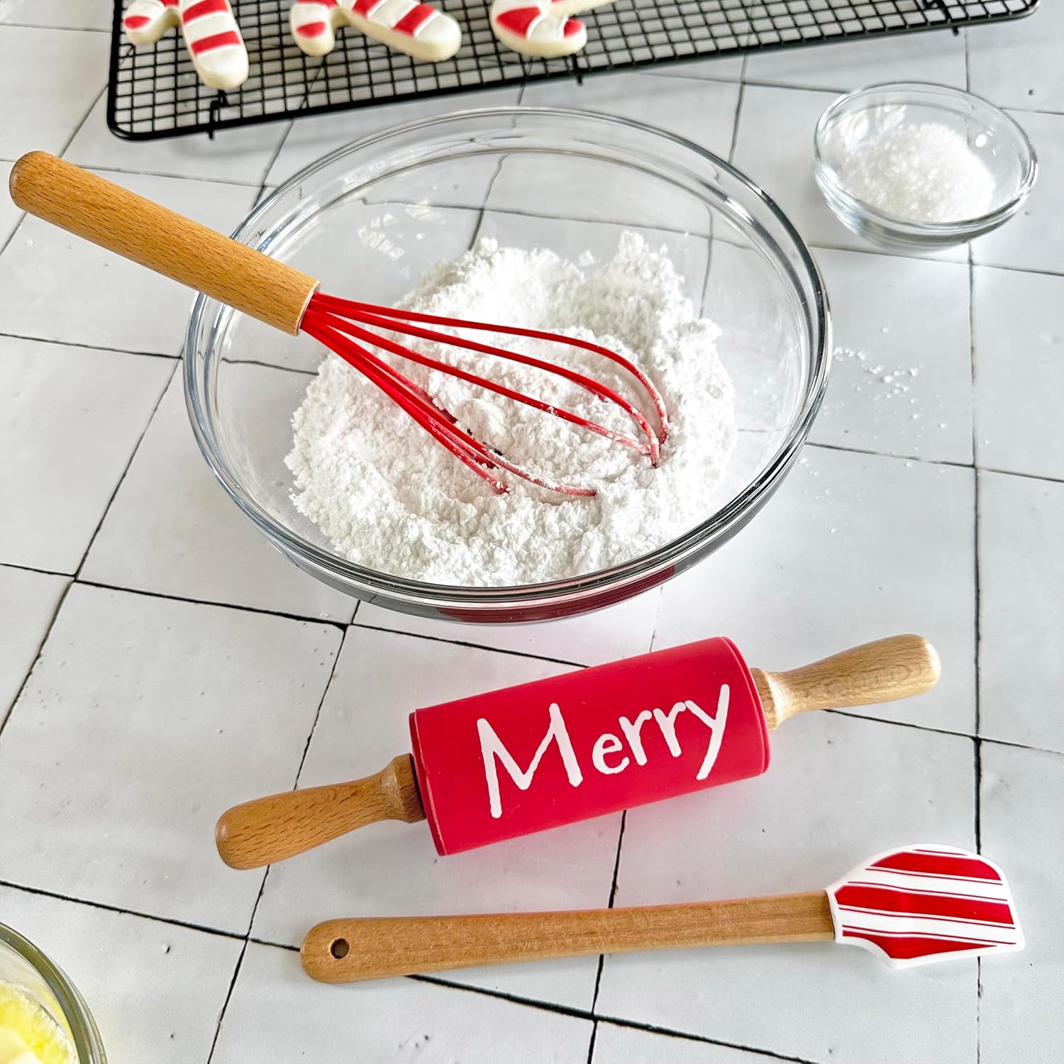 R&M International Christmas 3 Piece Mini Baking Set with Spatula, Rolling Pin, and Whisk