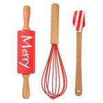 R&M International Christmas 3 Piece Mini Baking Set with Spatula, Rolling Pin, and Whisk