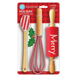 R&M International Christmas 3 Piece Mini Baking Set with Spatula, Rolling Pin, and Whisk