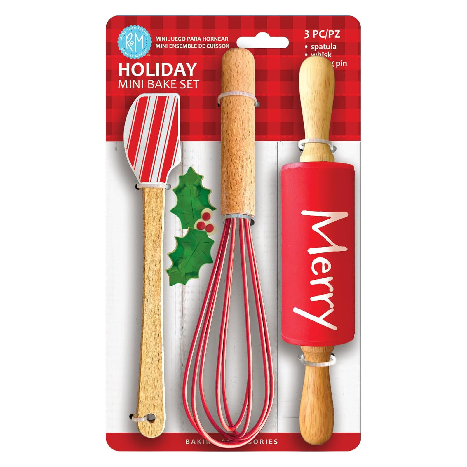 R&M International Christmas 3 Piece Mini Baking Set with Spatula, Rolling Pin, and Whisk