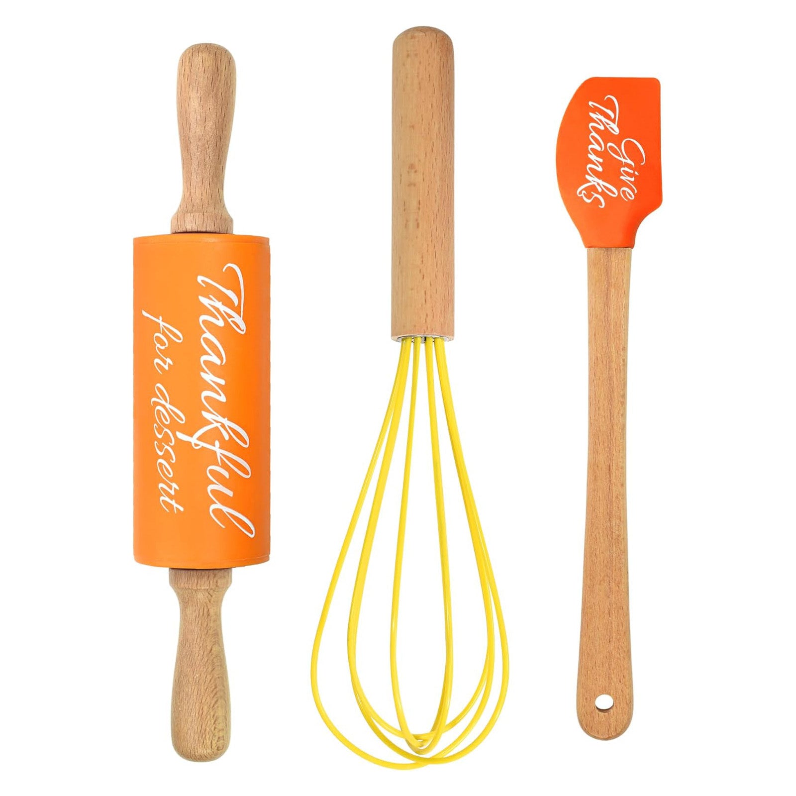R&M International Festive Fall 3 Piece Mini Baking Set with Spatula, Rolling Pin, and Whisk