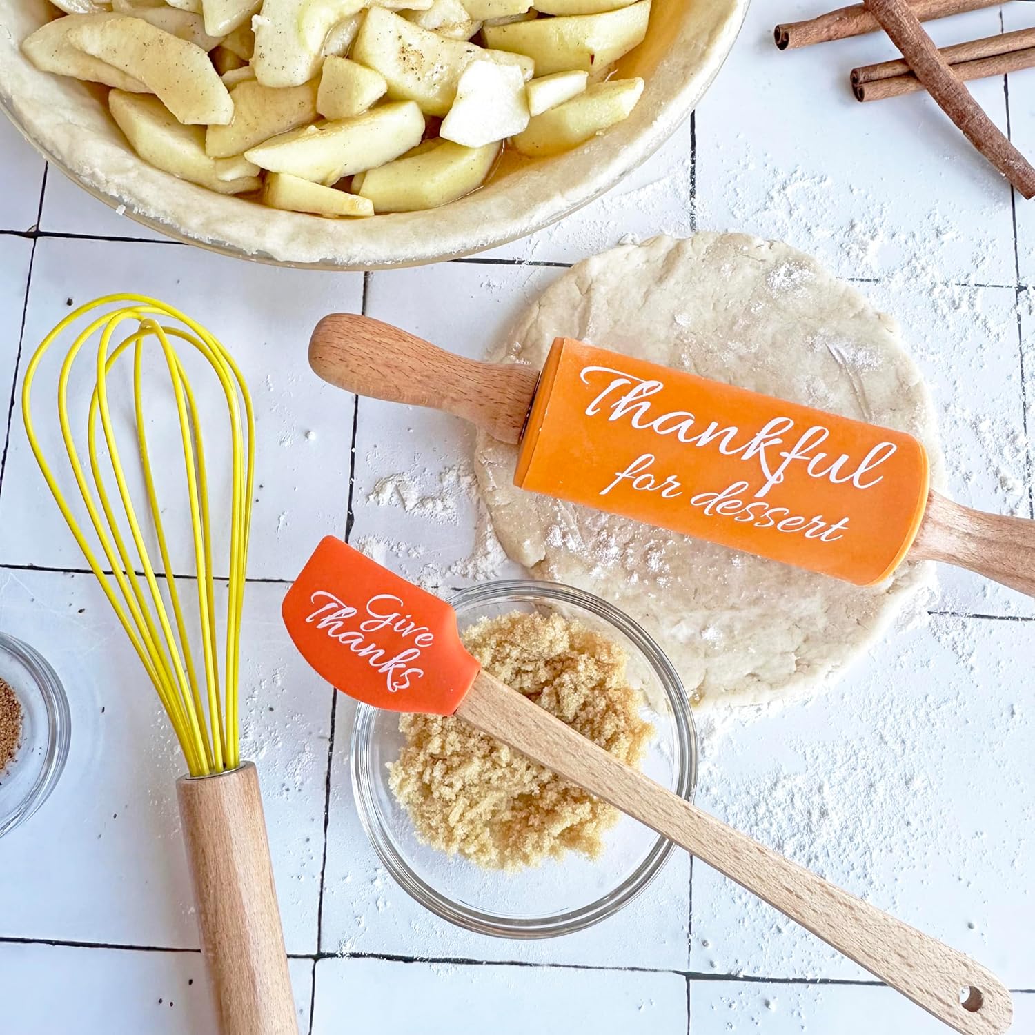 R&M International Festive Fall 3 Piece Mini Baking Set with Spatula, Rolling Pin, and Whisk