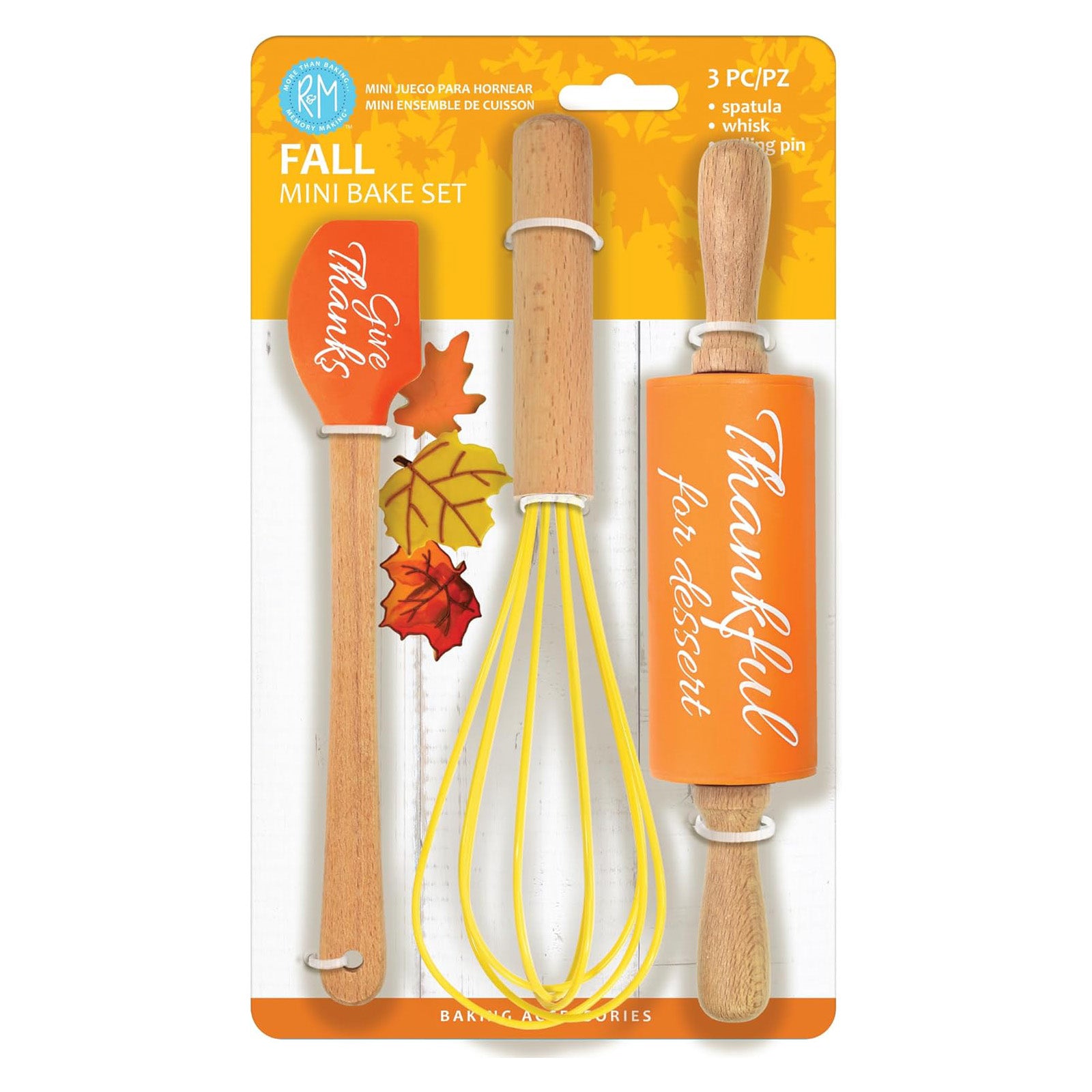 R&M International Festive Fall 3 Piece Mini Baking Set with Spatula, Rolling Pin, and Whisk