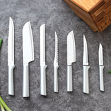 Rada Essential Oak 8 Piece Knife Block Set with Knife Sharpener & 6 Piece Steak Knife Set, Silver Handles