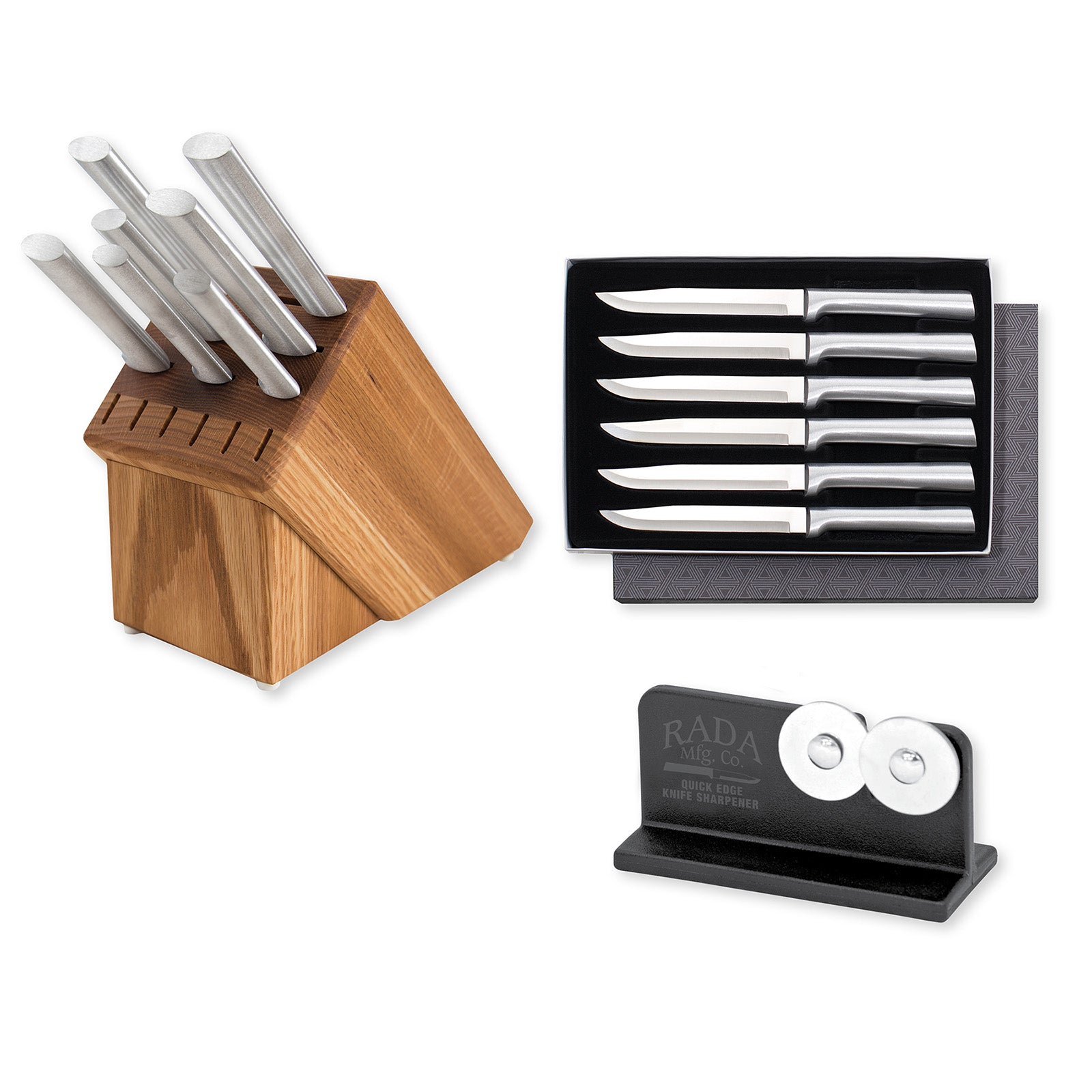 Rada Essential Oak 8 Piece Knife Block Set with Knife Sharpener & 6 Piece Serrated Steak Knife Set, Silver Handles