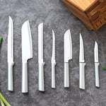 Rada Essential Oak 8 Piece Knife Block Set with Knife Sharpener & 6 Piece Serrated Steak Knife Set, Silver Handles