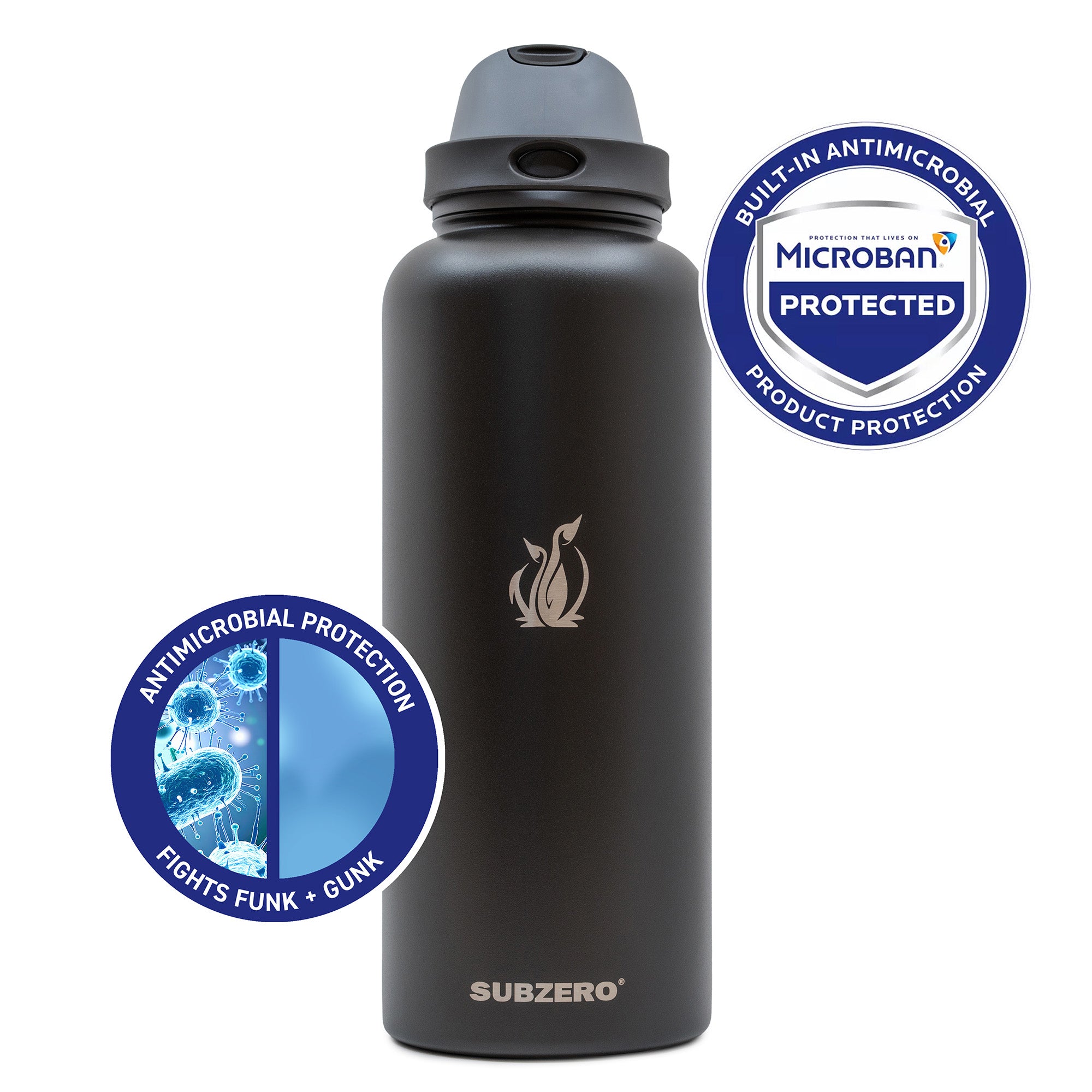 SUBZERO® DUO 64 Ounce Caviar Water Bottle with Straw and Flip Up Handle, Copper Lined Stainless Steel, Leak Proof