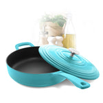 Chantal 5 qt. Round Cast-Iron Saute Skillet w/ Lid, Sea Blue