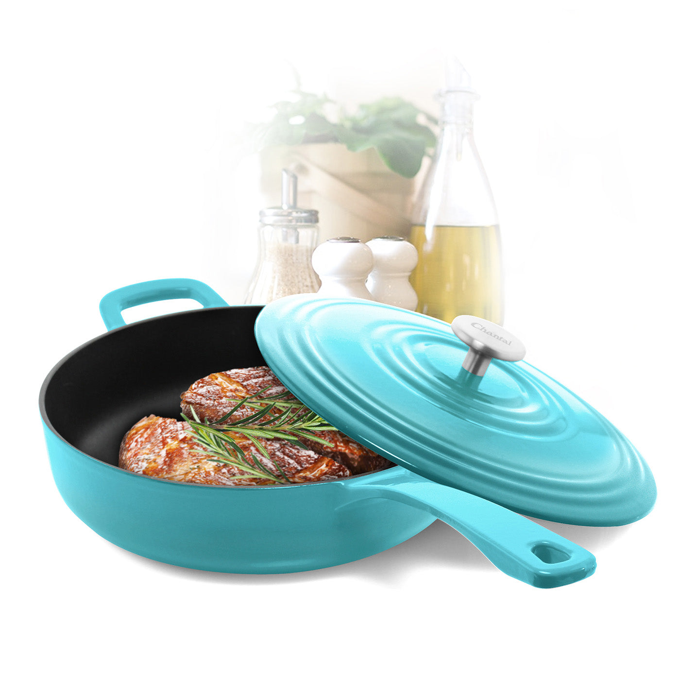 Chantal 5 qt. Round Cast-Iron Saute Skillet w/ Lid, Sea Blue