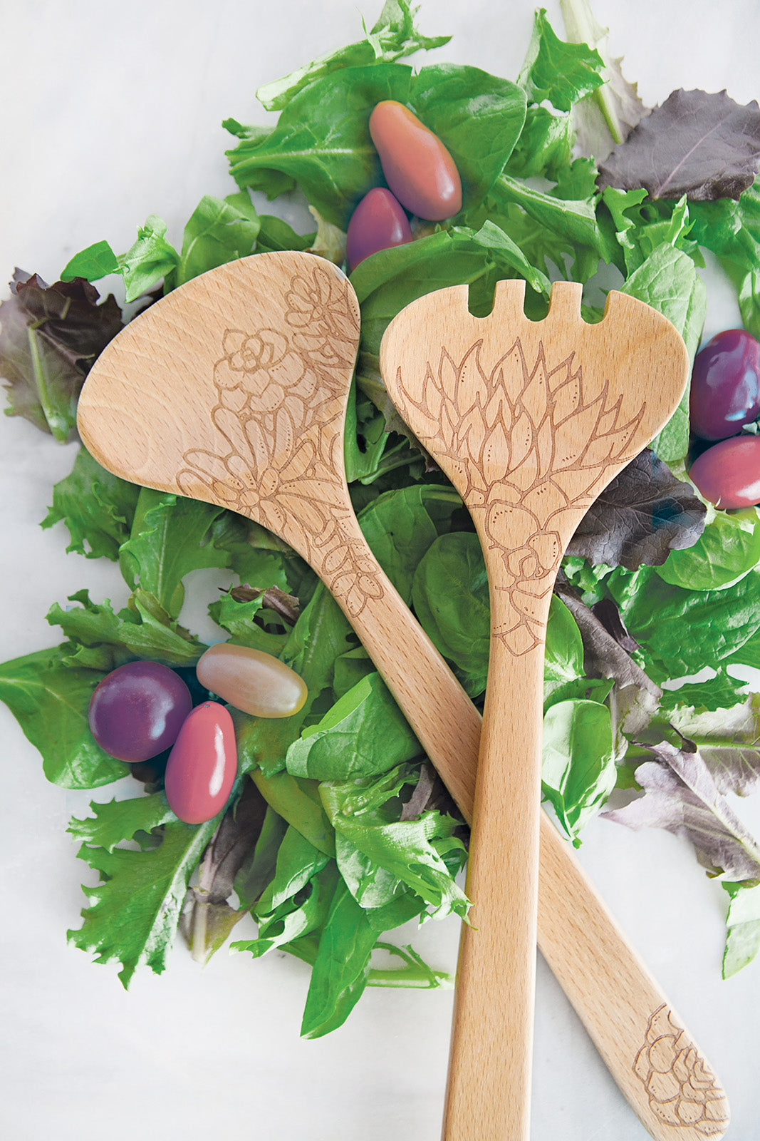 Talisman Designs Laser Etched Beechwood Salad Serving Set, Succulent Collection