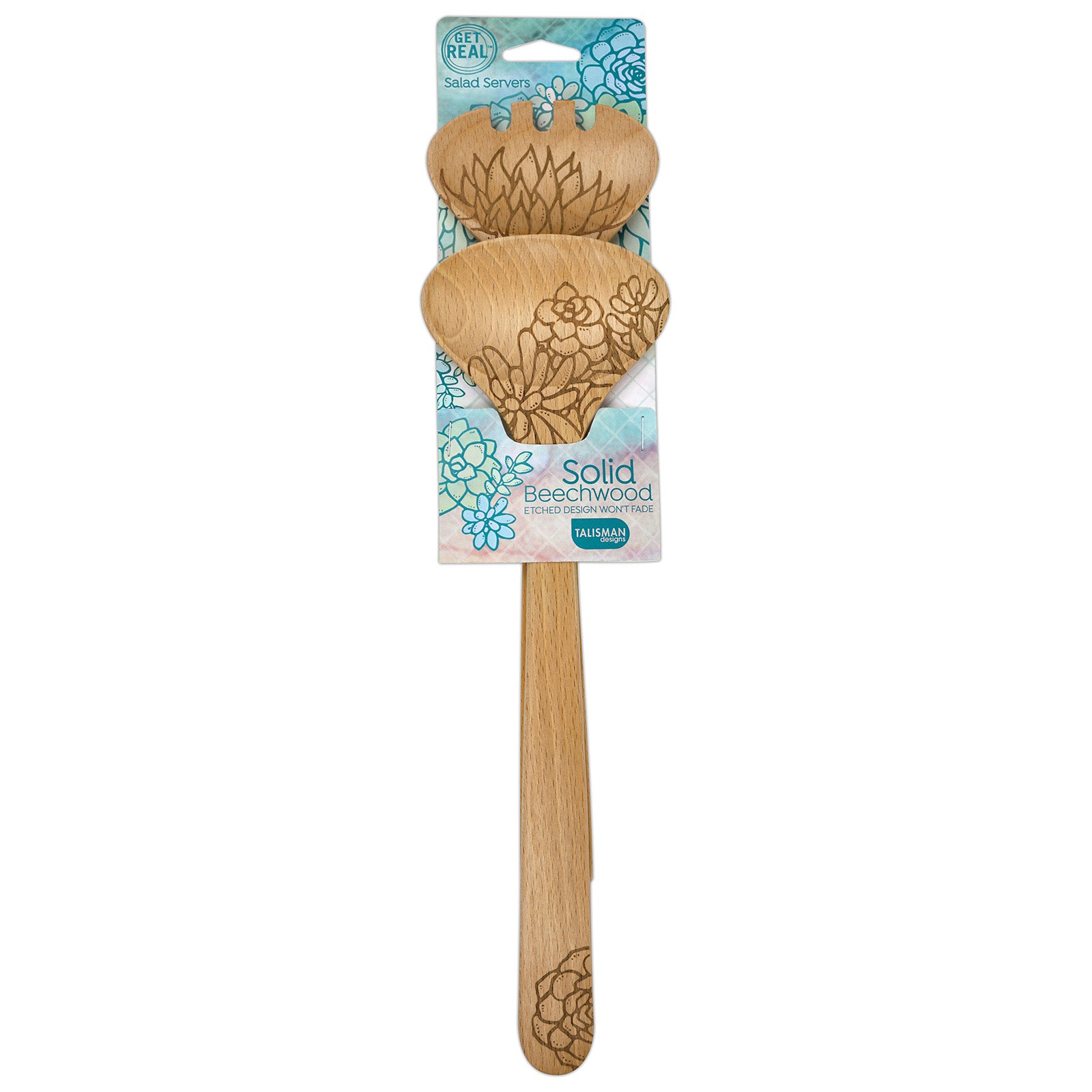 Talisman Designs Laser Etched Beechwood Salad Serving Set, Succulent Collection
