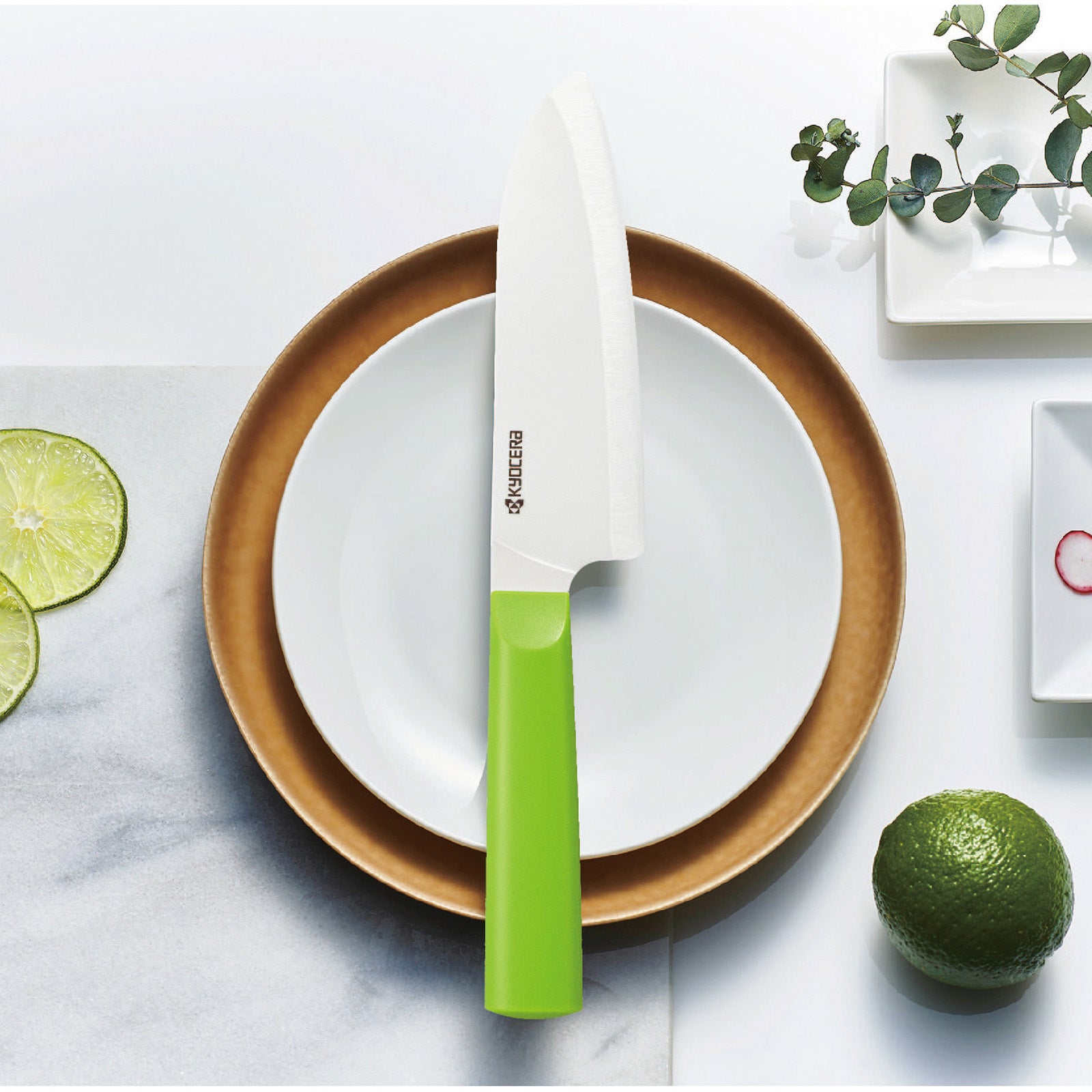Kyocera INNOVATIONwhite® 5.5-Inch Ceramic Santoku Knife, White Blade with Non-Slip Green Handle