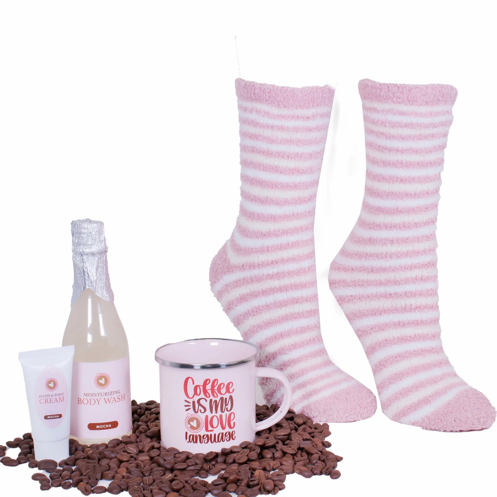 Aromasoles Campfire Mug Gift Set with Vanilla Infused Socks, Includes Camp Mug, Body Wash, Hand Cream
