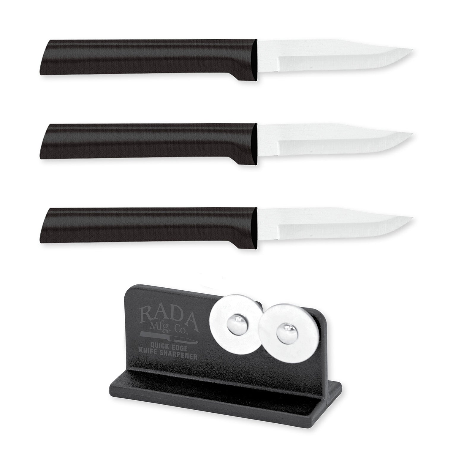 Rada Cutlery 2.5-Inch Peeling Paring Knife Set of 3, Black Handles & Quick Edge Knife Sharpener