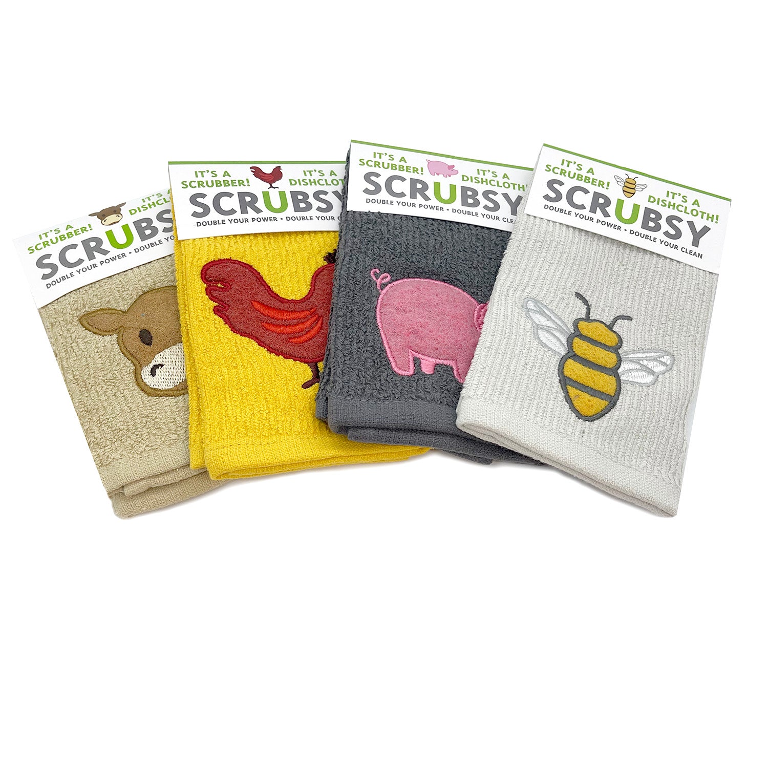 MU Kitchen Scrubsy Dish Cloth Set with Built In Scrubber, Set of 4, Farm Animals