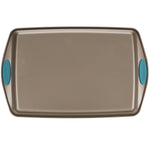 Rachael Ray Cucina Nonstick Bakeware Crisper Pan Set, 2-Piece, Latte Brown with Agave Blue Handle Grips