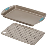 Rachael Ray Cucina Nonstick Bakeware Crisper Pan Set, 2-Piece, Latte Brown with Agave Blue Handle Grips