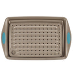 Rachael Ray Cucina Nonstick Bakeware Crisper Pan Set, 2-Piece, Latte Brown with Agave Blue Handle Grips