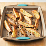 Rachael Ray Cucina Nonstick Bakeware Crisper Pan Set, 2-Piece, Latte Brown with Agave Blue Handle Grips