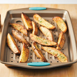Rachael Ray Cucina Nonstick Bakeware Crisper Pan Set, 2-Piece, Latte Brown with Agave Blue Handle Grips
