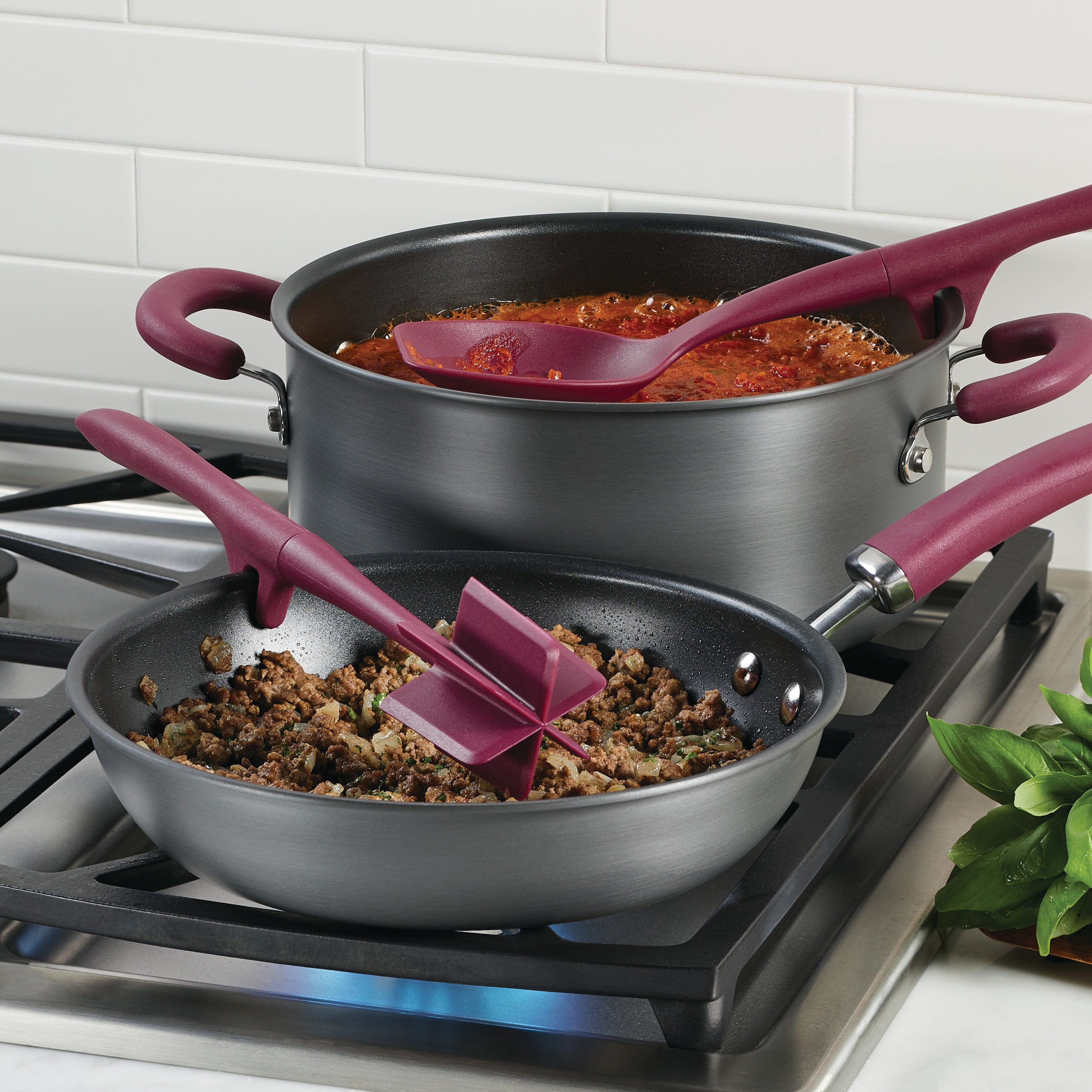 Rachael Ray Tools and Gadgets Lazy Crush & Chop, Flexi Turner, and Scraping Spoon Set, 3-Piece, Burgundy