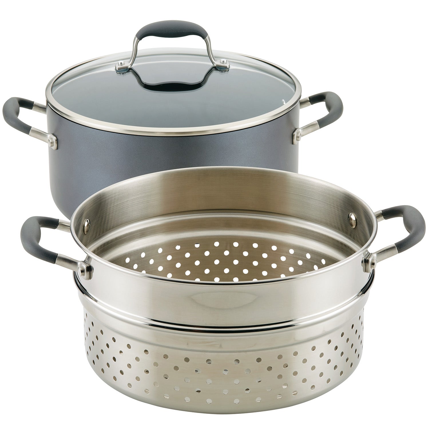 Anolon Advanced Home Hard-Anodized Nonstick Wide Stockpot with Steamer Insert Set, 3-Piece, Moonstone